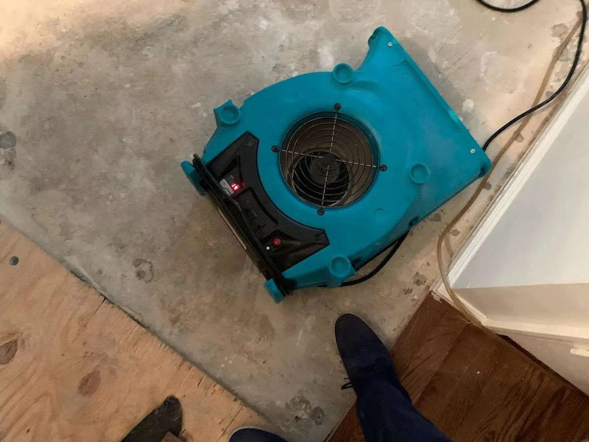 Air mover drying subfloor during Leak Detection & Repair in Byron